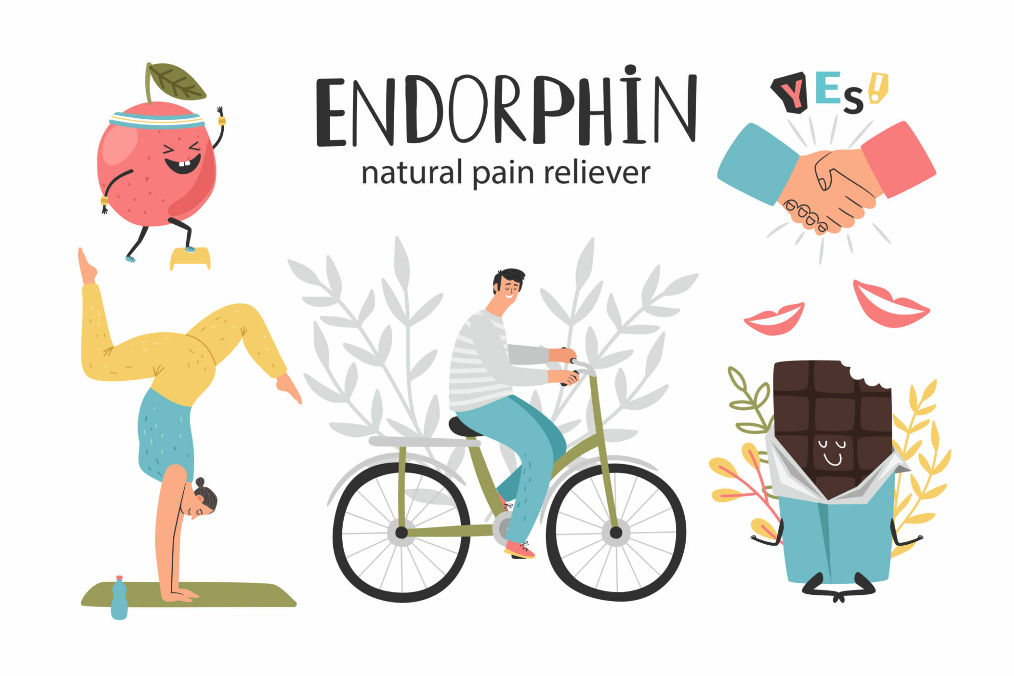 Natural pain reliever, endorphin hormone health colorful vector illustration of endorphin structure cartoon, sweet feeling from delicious food